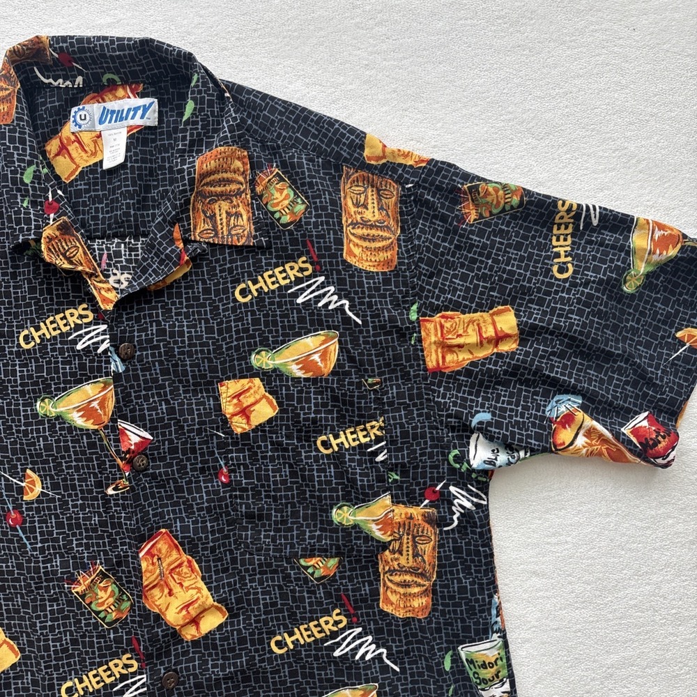 Utility Tiki Cocktail Shirt Mens Medium Black Rayon Short Sleeve Button Down - Picture 4 of 16